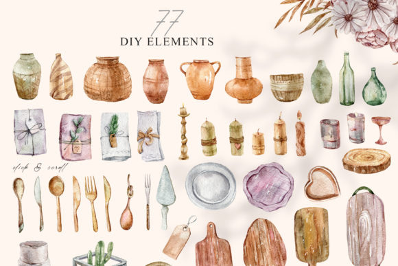 Watercolor Boho Wedding Decor Clipart for Your Designs